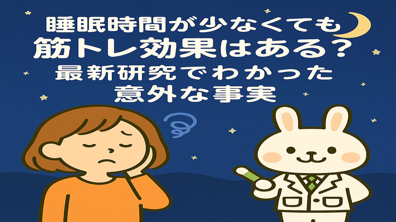 ナイトブルー系の背景に、すずちゃん（オレンジの服の女性キャラ）とみどりん（白衣を着た薬剤師うさぎ）が登場している。中央に「睡眠6時間でも筋トレ効果はある？」というタイトルが大きく表示されており、筋トレと睡眠に関する研究の話題を伝えるデザイン。全体的に夜の雰囲気を感じさせる落ち着いた色合い。